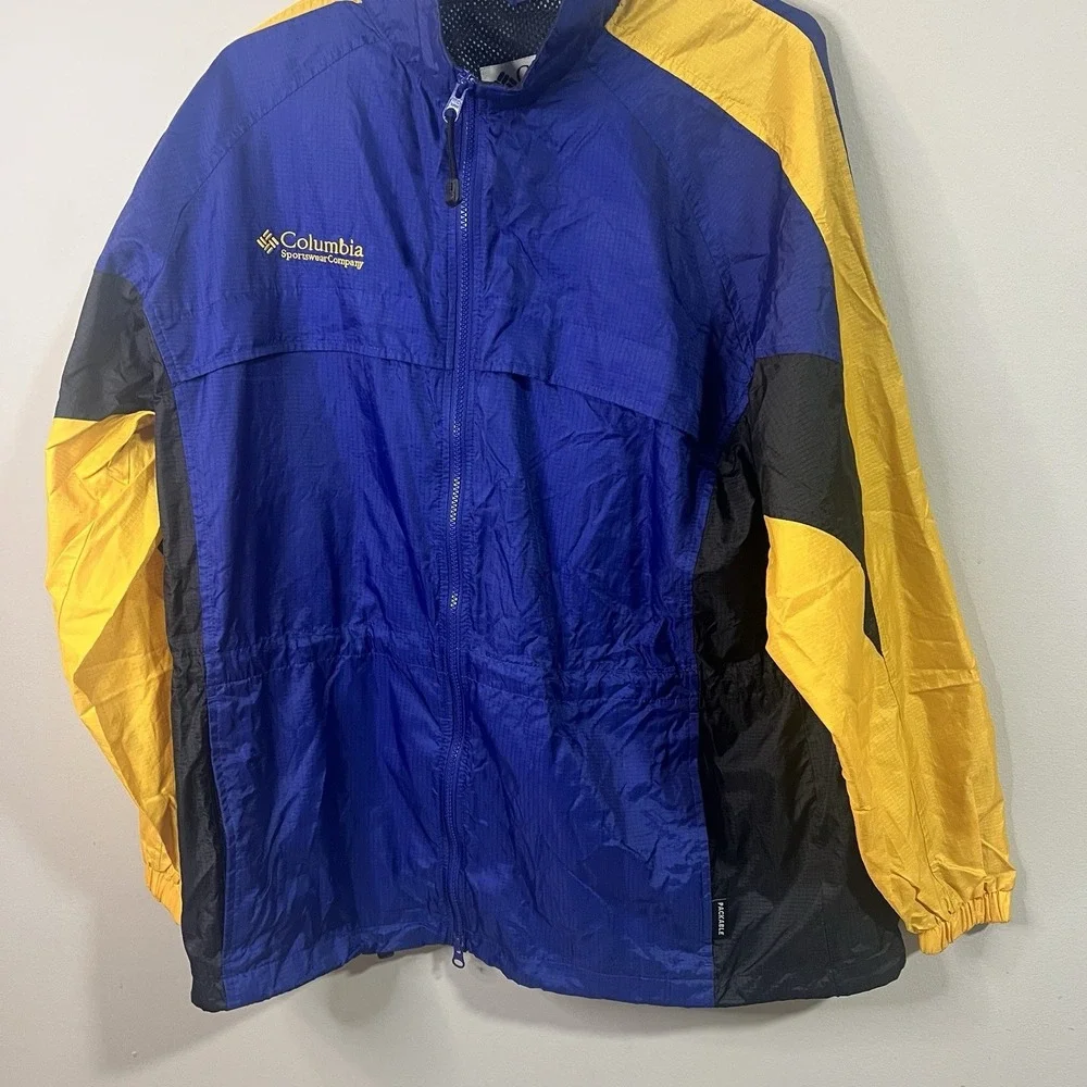 Vintage Columbia Jacket Mens X-Large Blue/Yellow Packable‎ Hooded Windbreaker